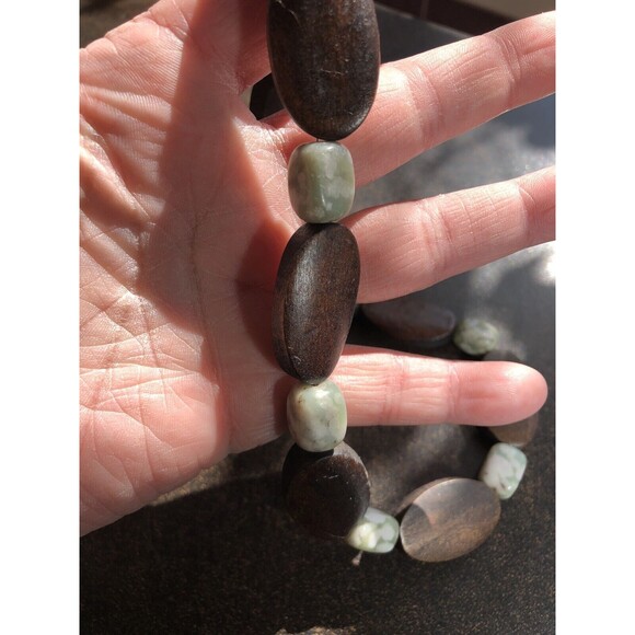 Jasper Stone Green Wood Beaded Necklace Artisan Earthy Boho Handmade Peace Stone - Picture 5 of 7